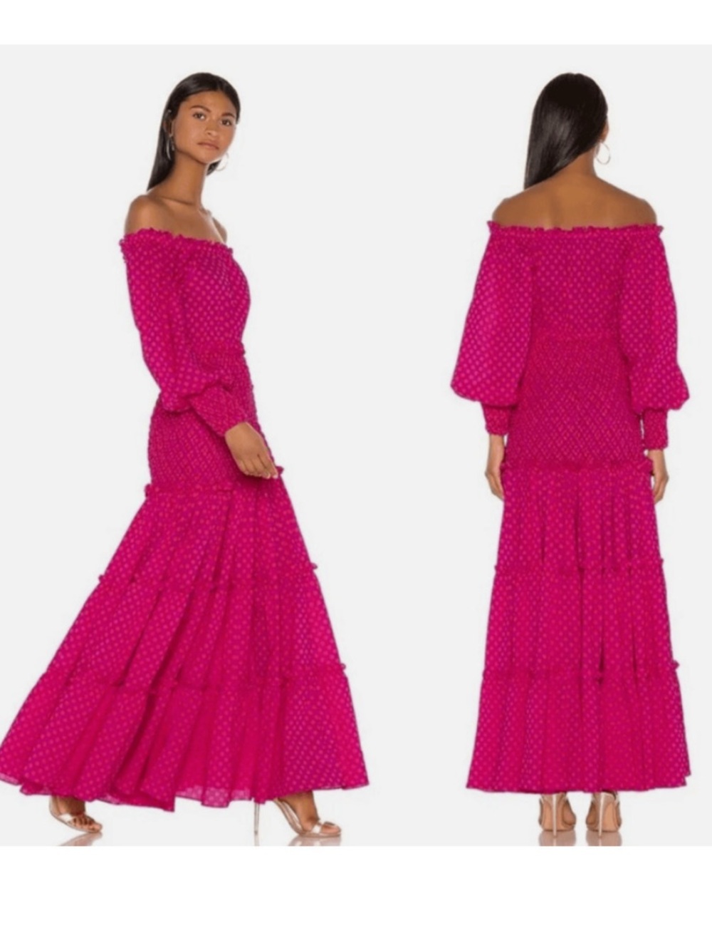 Alexis Fuchsia Off-Shoulder Polka Dot Maxi Dress - Picture 3 of 11